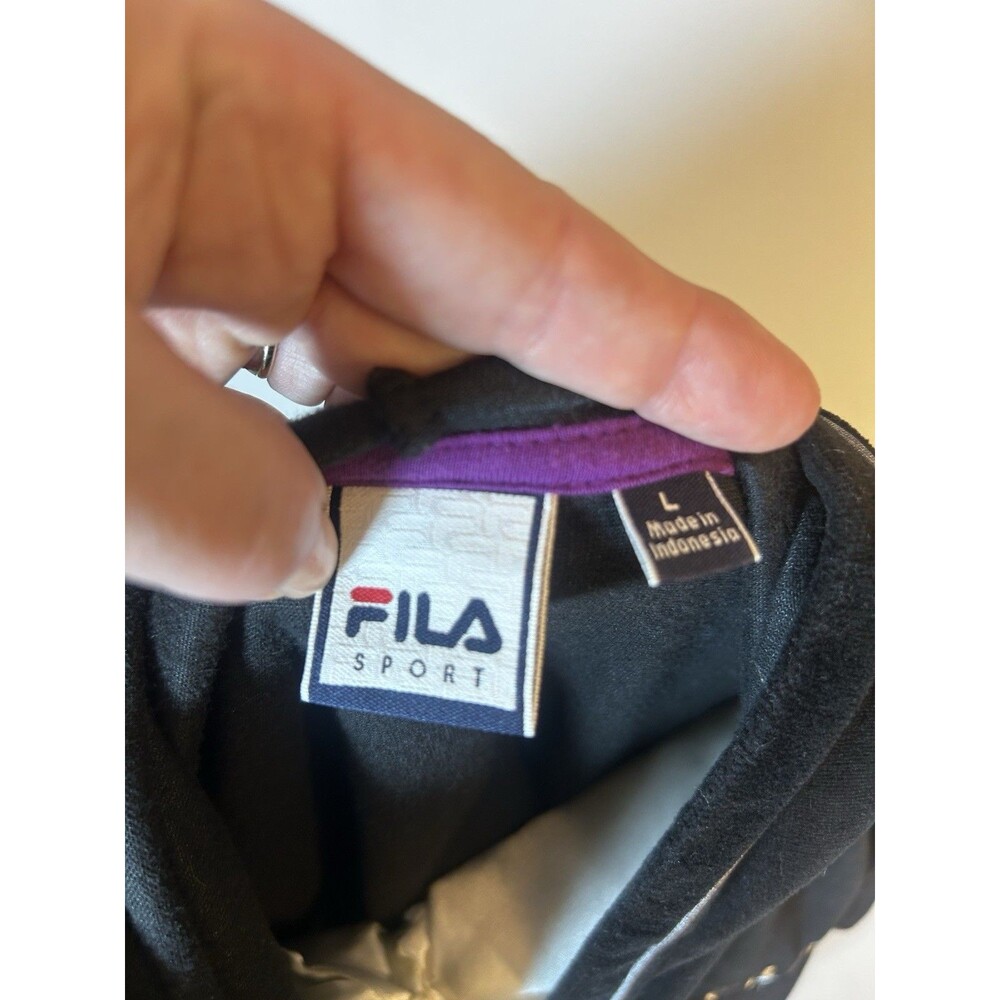 Fila Black Velour Zip Up Hoodie Track Jacket Coral White Stripe Womens Medium - Picture 8 of 16